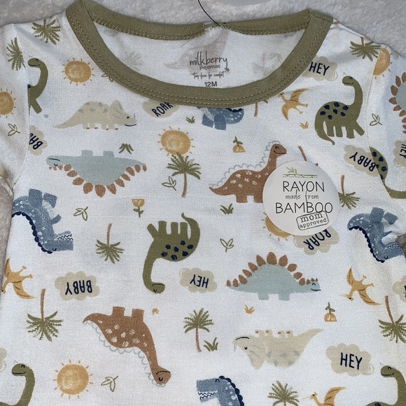 NWT Milkberry 12M Dinosaur Print 3pc. Pajama Set Green/Brown Bamboo PJs - Picture 4 of 8
